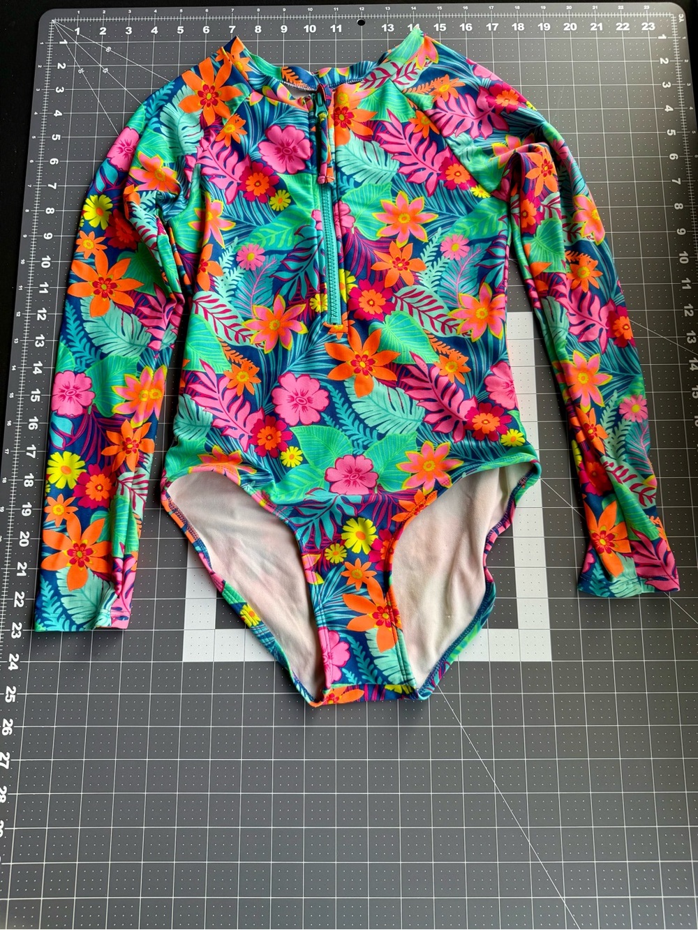 Cat & Jack Girls Long Sleeve Swimsuit * Size L 10/12 * Tropical Floral * Zip - Picture 4 of 7